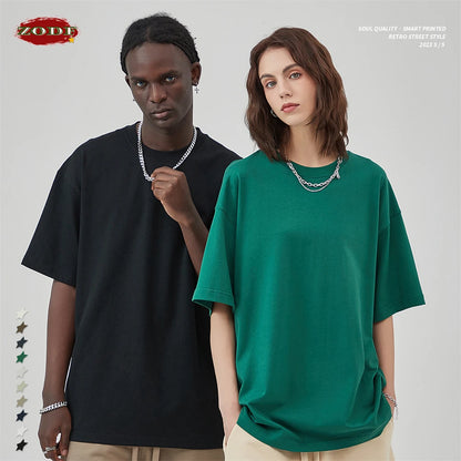 ZODF New Summer Men 275gsm Cotton T Shirts Unisex Women High Street Oversized FG Noshrink Solid T-Shirt Streetwears HY0152
