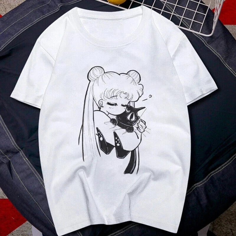 T Shirt 90s Anime Sailor Moon Retro Graphic Summer Cotton Men Women Tee Streetwear Casual Trend Short Sleeve Couple Hip Hop Top