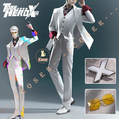 iCoser Anime To Be Hero X Cosplay Costume Wig Hero X Uniform White Suit Orange Glasses Tie Halloween Party for Women Men Props