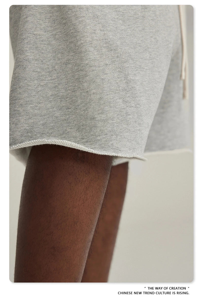 ZODF New Summer Men Retro Washed Shorts Unisex Drawstring Loose Edge 420gsm Solid Knee Length Cotton Pants Streetwears HY0589