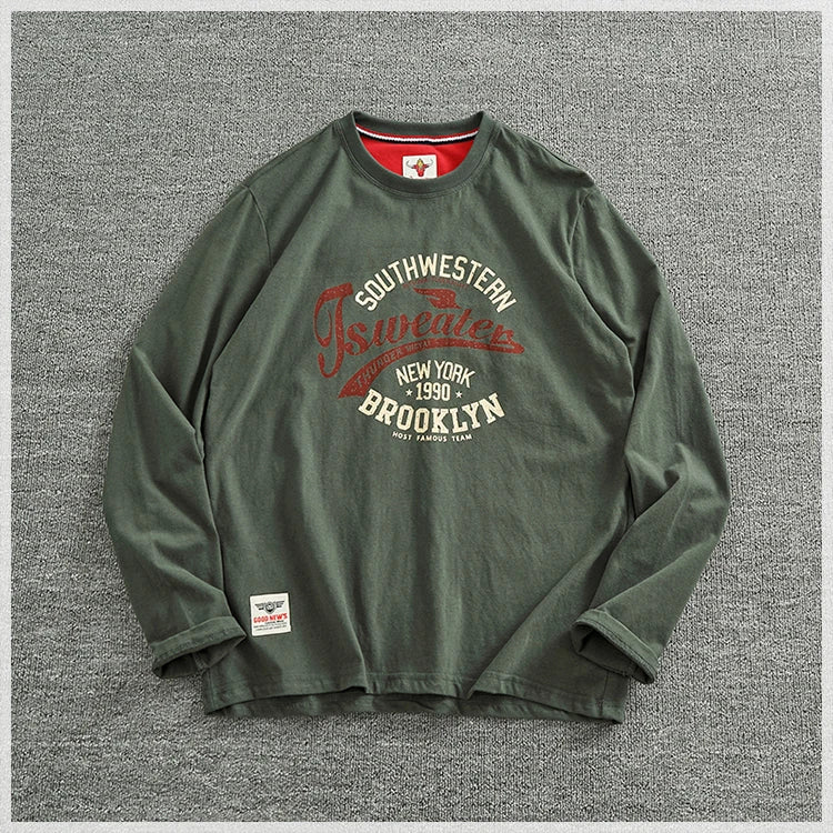 Autumn New American Retro Long-sleeved O-neck Letter Printed T-shirt Men's Fashion Simple 100% Cotton Washed Casual Sport Tops