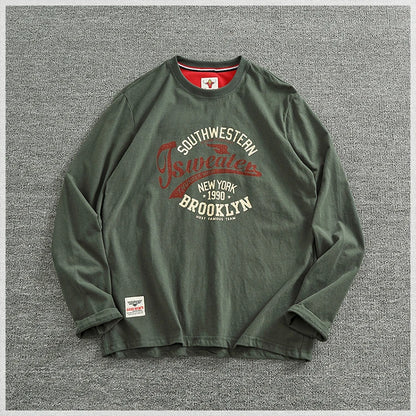 Autumn New American Retro Long-sleeved O-neck Letter Printed T-shirt Men's Fashion Simple 100% Cotton Washed Casual Sport Tops