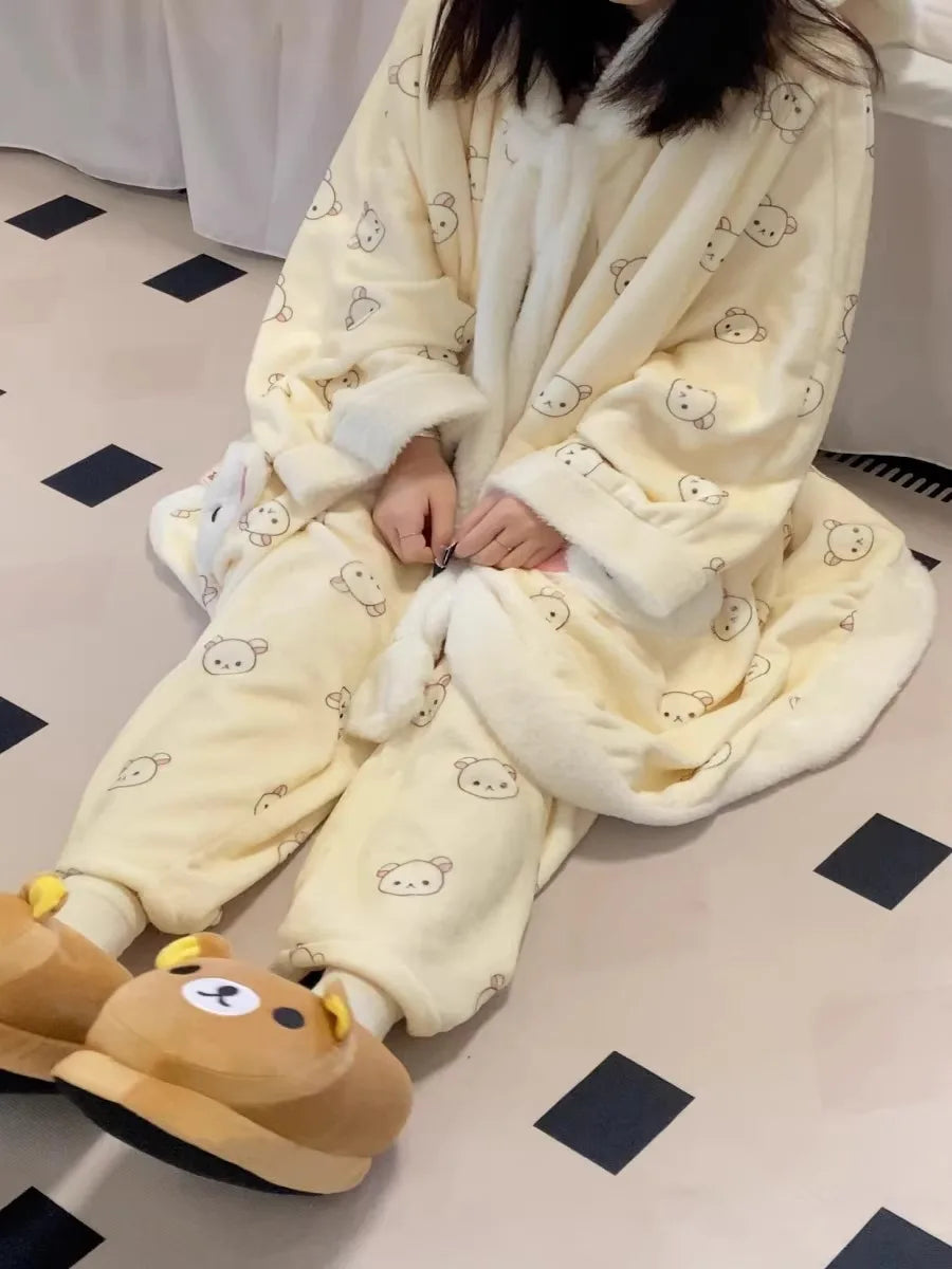 Rilakkuma Women'S Fleece-Lined Thickened Robe Coral Fleece Flannel Hooded Home Clothes Warm Nightgowns Casual Wear For Going Out
