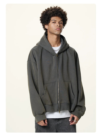 ZODF Retro Winter 350gsm Washed Zipper Fleece Hoodies For Men Unisex Loose Fit Boxy Style Thick Warm Hooded Coat Outfits HY0042
