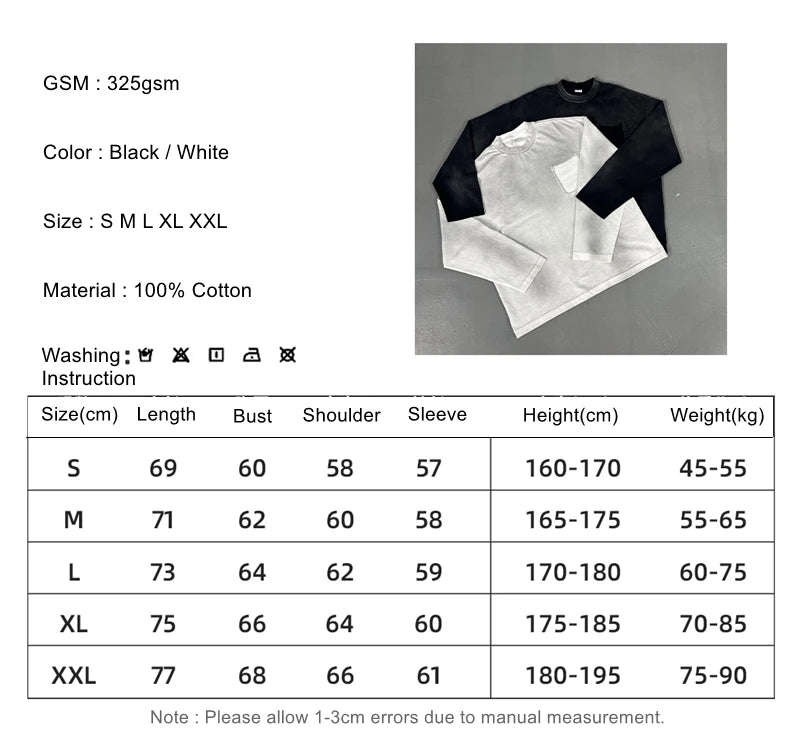 ZODF Retro Man's 325gsm Cotton Full Sleeve T-Shirts Unisex Distressed Wastland Style Monkey Washed T Shirt Tees HY1160