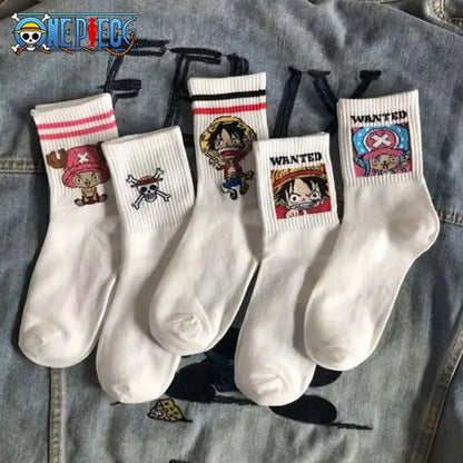 5Pair Anime One Piece Socks Cartoon Luffy Chopper Student Cotton White Long Short Boat Socks Printed Knitted Socks Children Gift