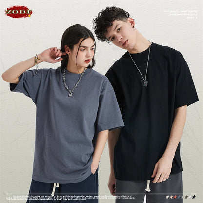 ZODF Fashion Spring Summer Washed Solid T Shirts For Men Loose Unisex 310gsm Cotton Heavy Weight T-Shirt Brand Tops HY0064