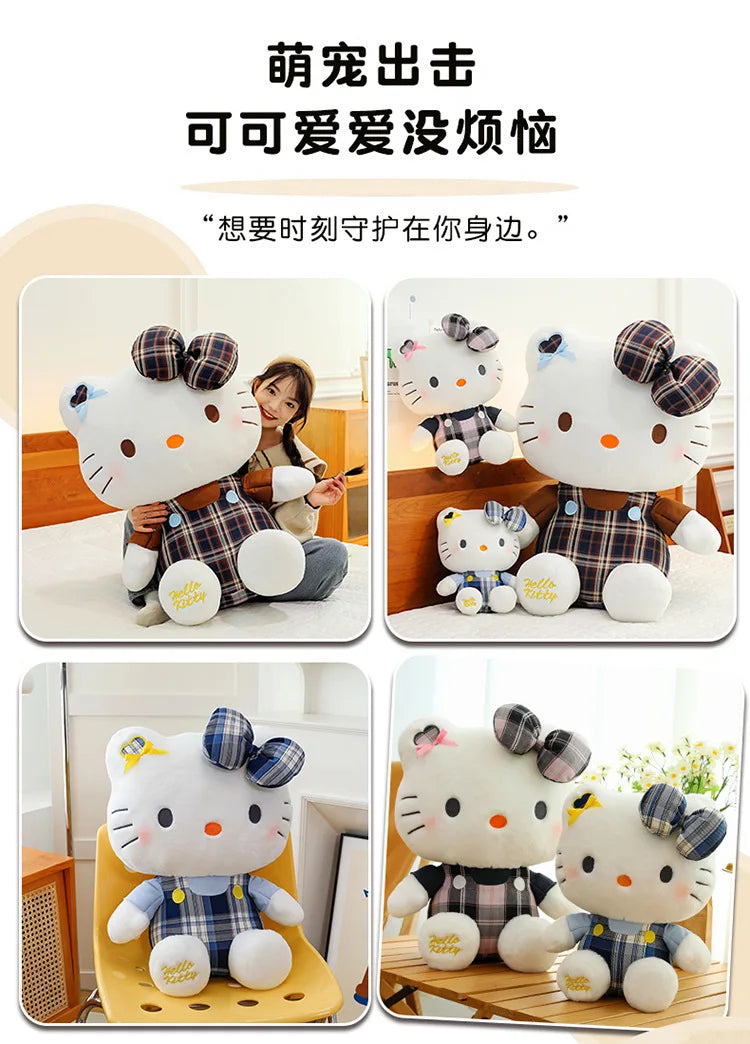 Sanrio Hello Kitty Plush Toy Retro Plaid Skirt Kitty Doll Stuffed Animal Creative Gift for Kids Birthday Christmas Girls Pillow