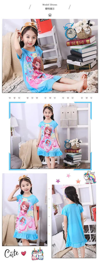 Girls Night Dress Summer Cartoon Snow White Frozen Princess Elsa Mermaid Print Toddler Girl Nightgown for Teens