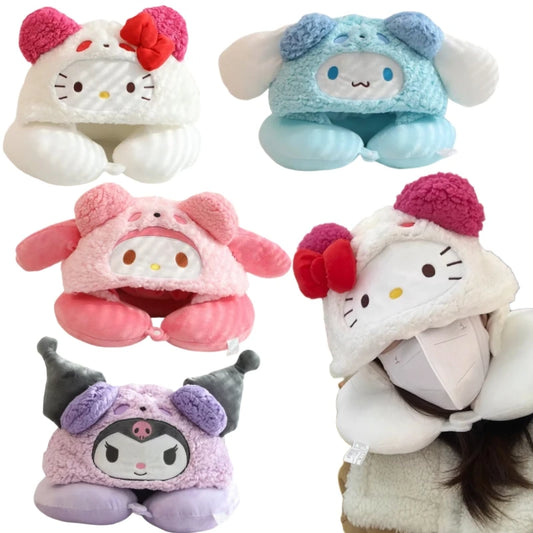 Stuffe Anime Hooded U-shaped Neck Pillow Hello Kitty Kuromi My Melody Travel Blackout Neck Pillow Office Nap Pillow Girl