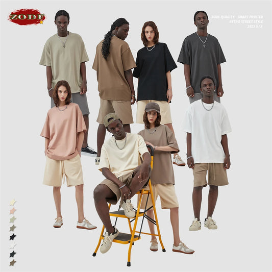 ZODF New Summer Men 100% Cotton Solid T Shirts Unisex High Street Heavy Weight 305gsm Oversized FG Noshrink T-Shirt Tops HY0165