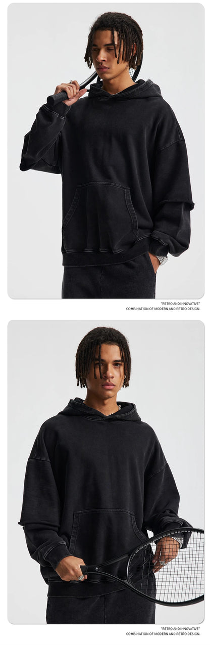 ZODF New Autumn Men's Washed Heavy Weight Cotton Hoodies Unisex Retro Fake 2 Peice 430gsm Loose Edge Hooded Pullovers HY1082