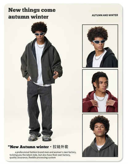 ZODF Retro Winter 350gsm Washed Zipper Fleece Hoodies For Men Unisex Loose Fit Boxy Style Thick Warm Hooded Coat Outfits HY0042