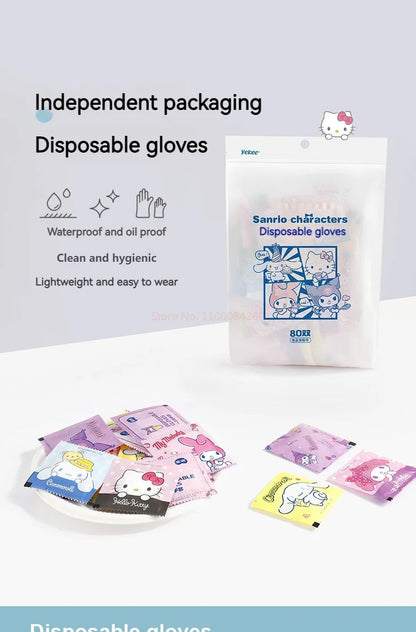 Sanrio Disposable Gloves, Single Pack, Small Bag, Household Food Grade Kitchen Cleaning, Thickened Pe Transparent Gloves