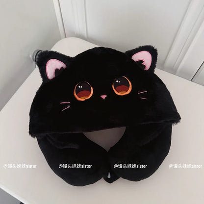 Kawaii Hello Kitty Neck Support Pillow with Hat Soft Plush Travel U-Shaped Pillow Nap Sleeping Cartoon Comfortable Journeys Girl