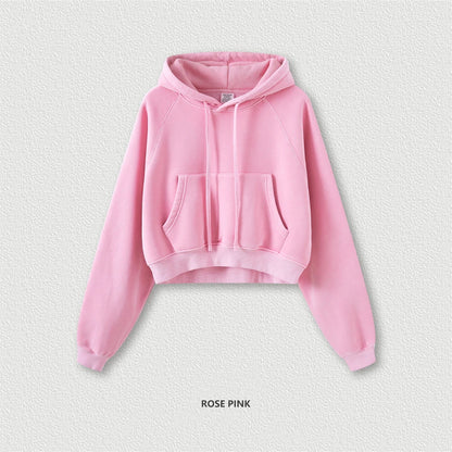 ZODF Women Hotsweet 2025 Winter Washed Fleece Crop Hoodies Girls Oversized Raglan Sleeve 400gsm Hooded Pullovers HY0648
