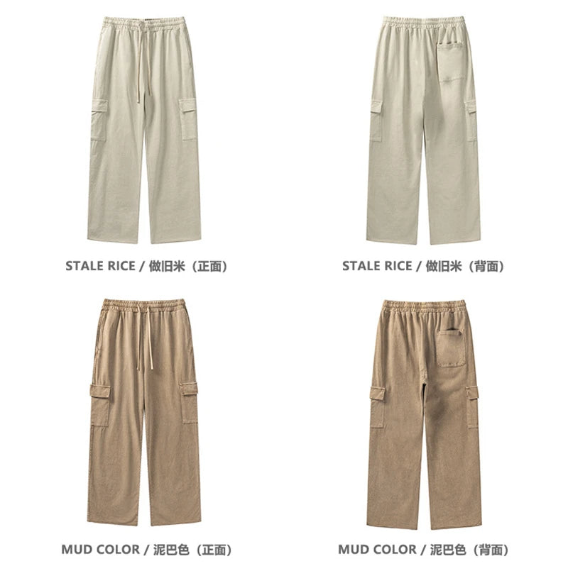 ZODF New 2024 Spring Summer 358gsm Cotton Cargo Pants For Men Unisex Casual Washed Straight Multi-Pockets Loose Trousers HY0829