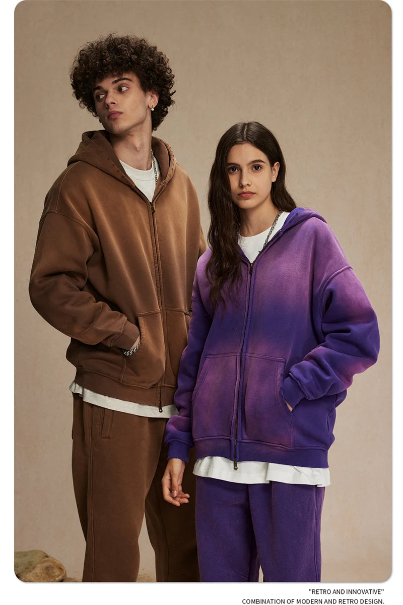 ZODF Retro Winter Men Spray-Dyed Zipper Hoodies Unisex Loose 360gsm Zipper Fleece Hooded Sweatshirt Pullovers Coats HY0719