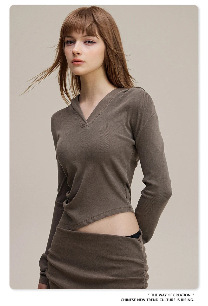 ZODF Sexy Women Autumn Washed 275gsm Hooded T Shirt Ladies Girls Slim Fit Distressed Side Pleated T-Shirts Tees HY1149