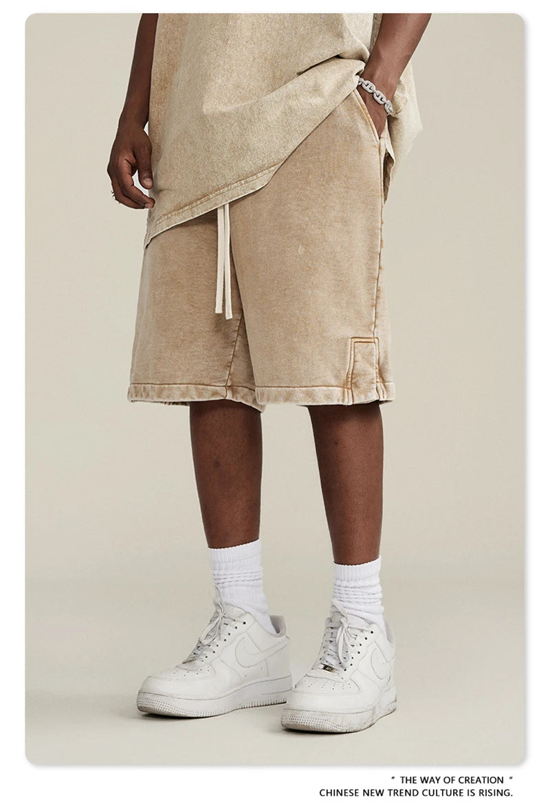 ZODF 2024 Summer Men 350gsm Washed Cotton Shorts Unisex Retro High Street Loose Side Slit Short Pants Streetwears HY0839