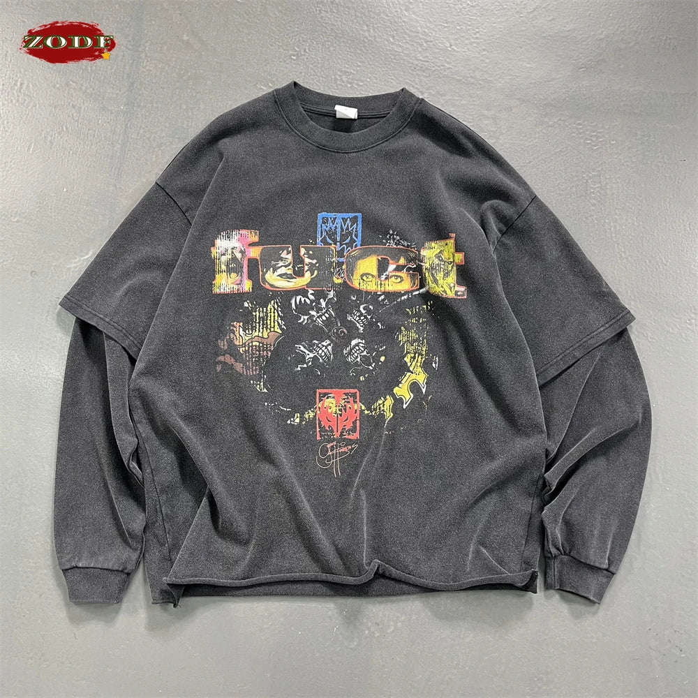 ZODF Retro 2025 Autumn Men 345gsm Washed Full Sleeve T-Shirts Unisex Heavy Weight Punk Style Printing Cotton T Shirt HY0012