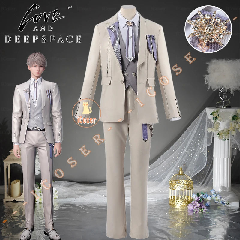 Love and Deepspace Xavier Cosplay Costume Wig Birthday Outfit Uniform Suit Brooch Halloween Party for Women Men Carnival Props