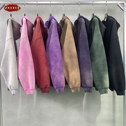 ZODF Retro Winter Men Spray-Dyed Zipper Hoodies Unisex Loose 360gsm Zipper Fleece Hooded Sweatshirt Pullovers Coats HY0719