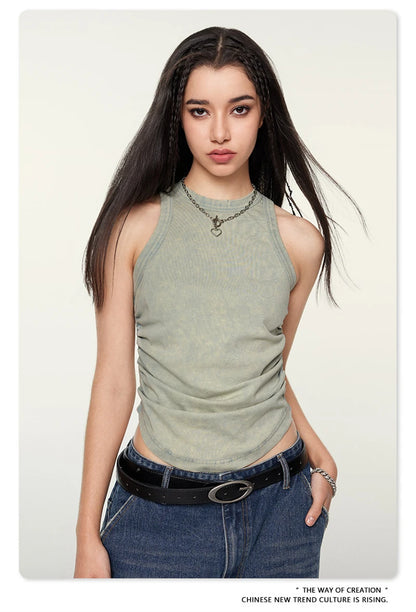 ZODF Women 2024 Summer Washed Tank Tops Female Hotsweet Girls 235gsm Slim Pleated Arc Hem Camisole TEE Streetwears HY0795