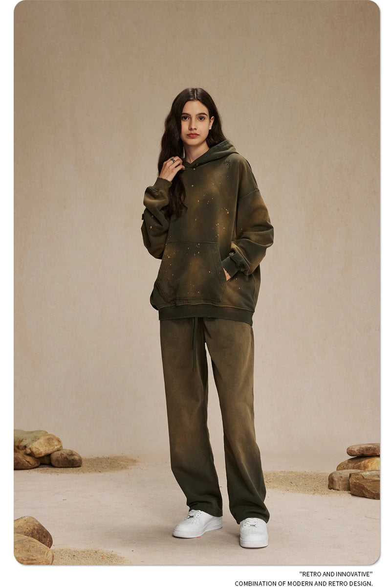 ZODF Autumn Winter Spray Dyeing Ink Splashing Hoodies For Men Unisex 450gsm Washed Oversized Knitted Hooded Pullovers HY0908