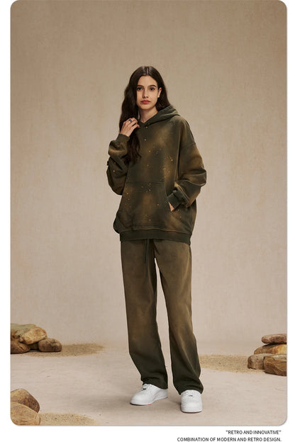 ZODF Autumn Winter Spray Dyeing Ink Splashing Hoodies For Men Unisex 450gsm Washed Oversized Knitted Hooded Pullovers HY0908