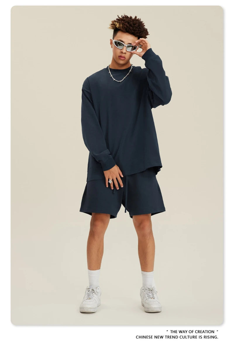 ZODF NEW Autumn Men's Solid Full Sleeve T Shirts Unisex Loose Oversized Casual 305GSM Cotton Basic T-Shirt Brand TEE HY0209