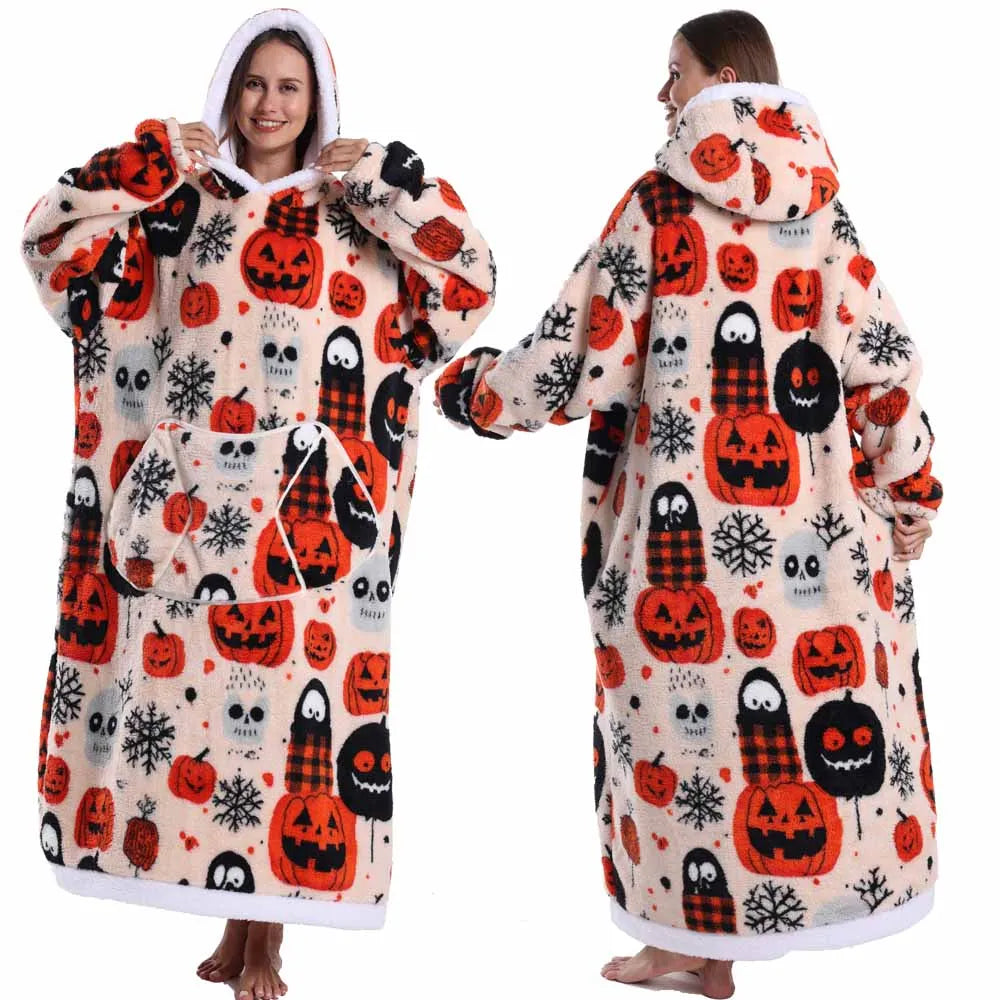 Short/Long Hoodie Blanket for Adults Winter Soft Thicken Warm Wearable Blanket Hoodie with Sleeves Halloween Pajamas for Couples