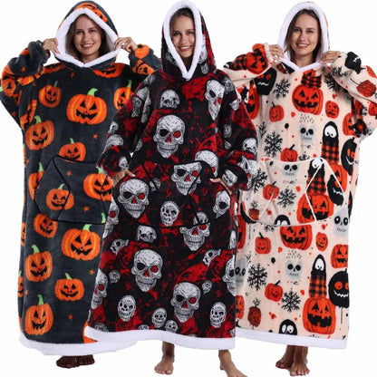 Halloween Oversized Blanket Hoodie for Adults Extra Long Plush Thick Wearable Blanket with Sleeves Women Men Winter Home Clothes