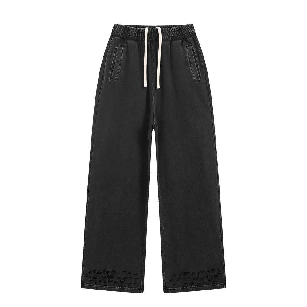 ZODF 2025 Autumn Men Washed Cotton Terry Pants 380gsm Distressed Oversized Straight Sport Trousers Streetwear HY1075