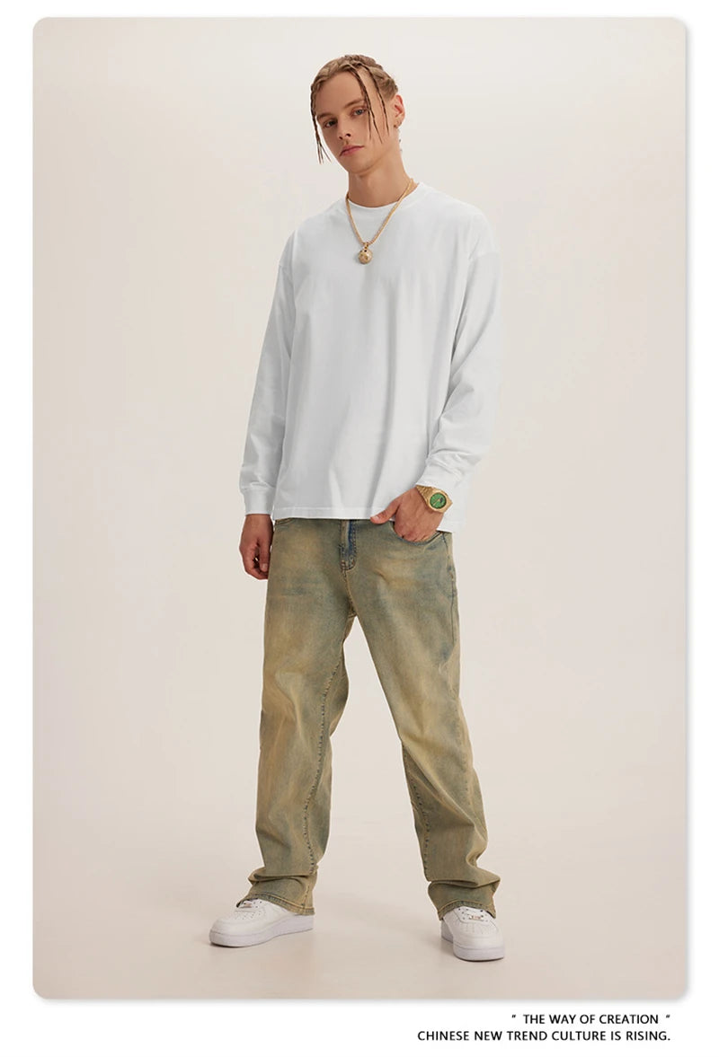 ZODF New Autumn Men's 260gsm 100% Cotton T Shirts Unisex Retro High Street Loose Washed Solid Tees Streetwears HY0376