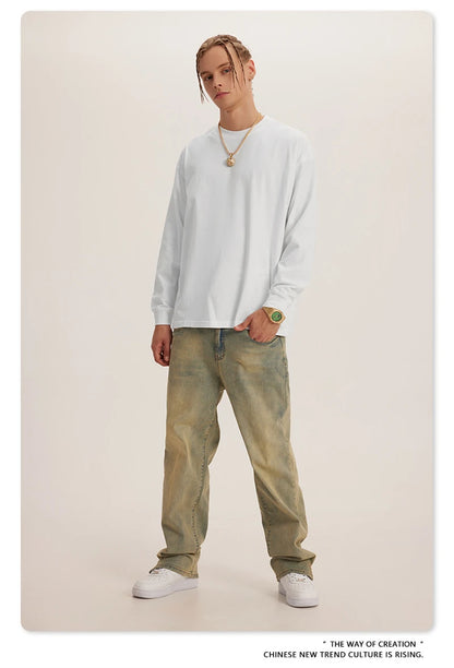 ZODF New Autumn Men's 260gsm 100% Cotton T Shirts Unisex Retro High Street Loose Washed Solid Tees Streetwears HY0376