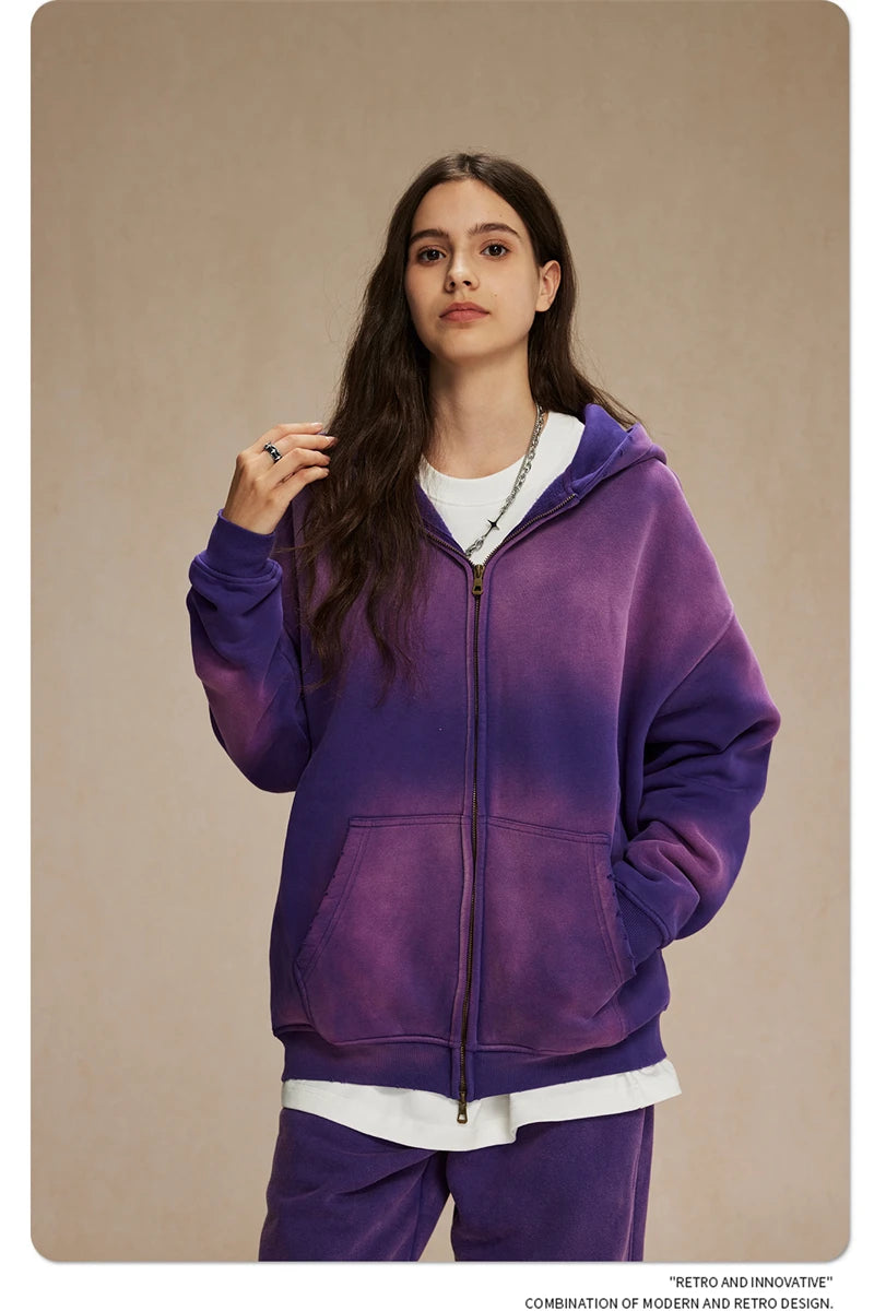 ZODF Retro Winter Men Spray-Dyed Zipper Hoodies Unisex Loose 360gsm Zipper Fleece Hooded Sweatshirt Pullovers Coats HY0719