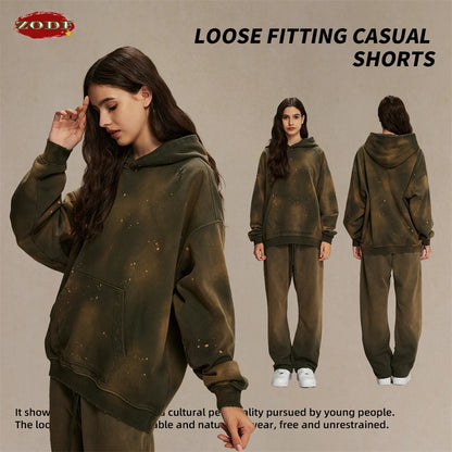 ZODF Autumn Winter Spray Dyeing Ink Splashing Hoodies For Men Unisex 450gsm Washed Oversized Knitted Hooded Pullovers HY0908