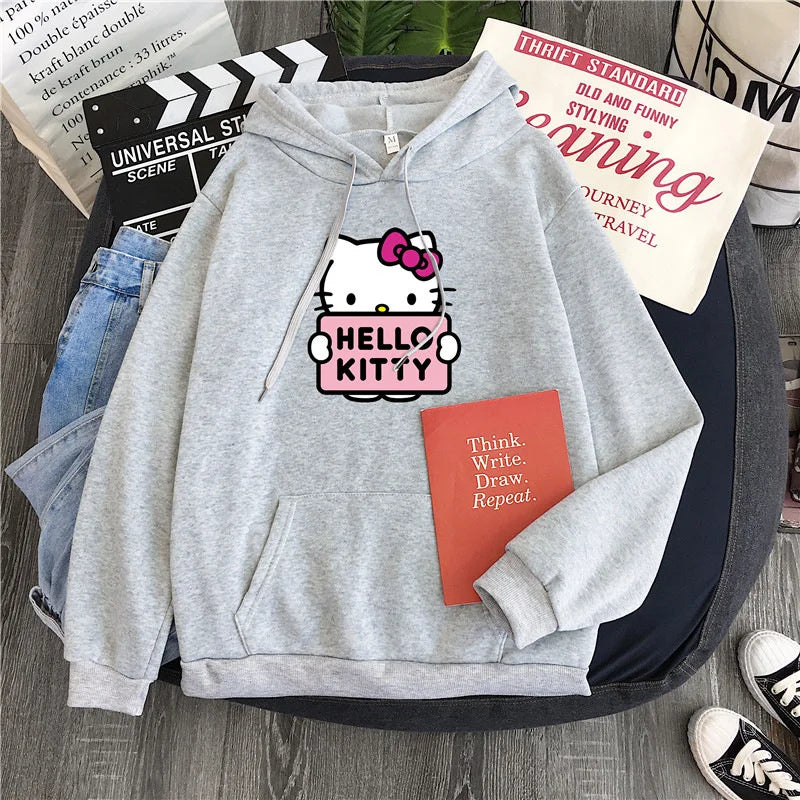 2025 New Casual Women's Sweatshirts Sanrio Hello Kitty Kawaii Tops for Women Cute Hoodies Fashion Harajuku Long Sleeves Plus Siz