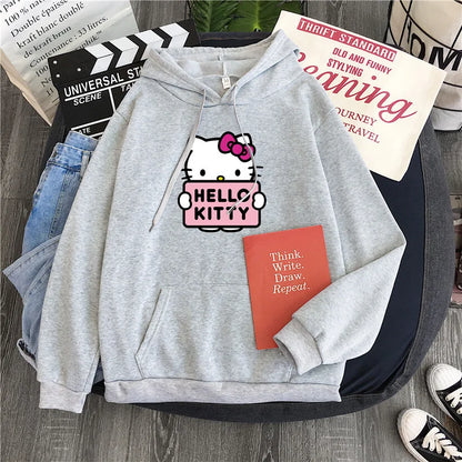 2025 New Casual Women's Sweatshirts Sanrio Hello Kitty Kawaii Tops for Women Cute Hoodies Fashion Harajuku Long Sleeves Plus Siz