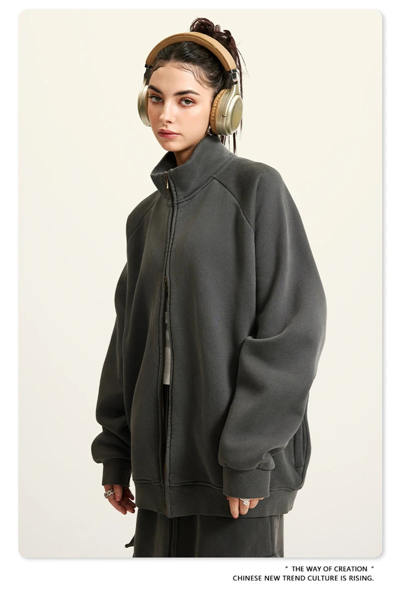 ZODF Retro Winter Men Washed Fleece Zipper Jackets Unisex Loose Oversized 400gsm Raglan Sleeve Coats Streetwears HY0649