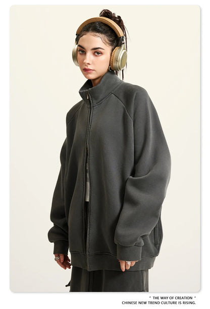 ZODF Retro Winter Men Washed Fleece Zipper Jackets Unisex Loose Oversized 400gsm Raglan Sleeve Coats Streetwears HY0649