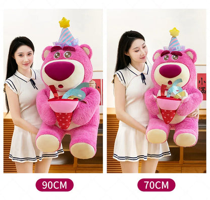 Disney Plush Strawberry Bear Doll with Birthday Hat Cute Stuffed Animal for Kids Birthday Xmas Gift Perfect Toy for Children And