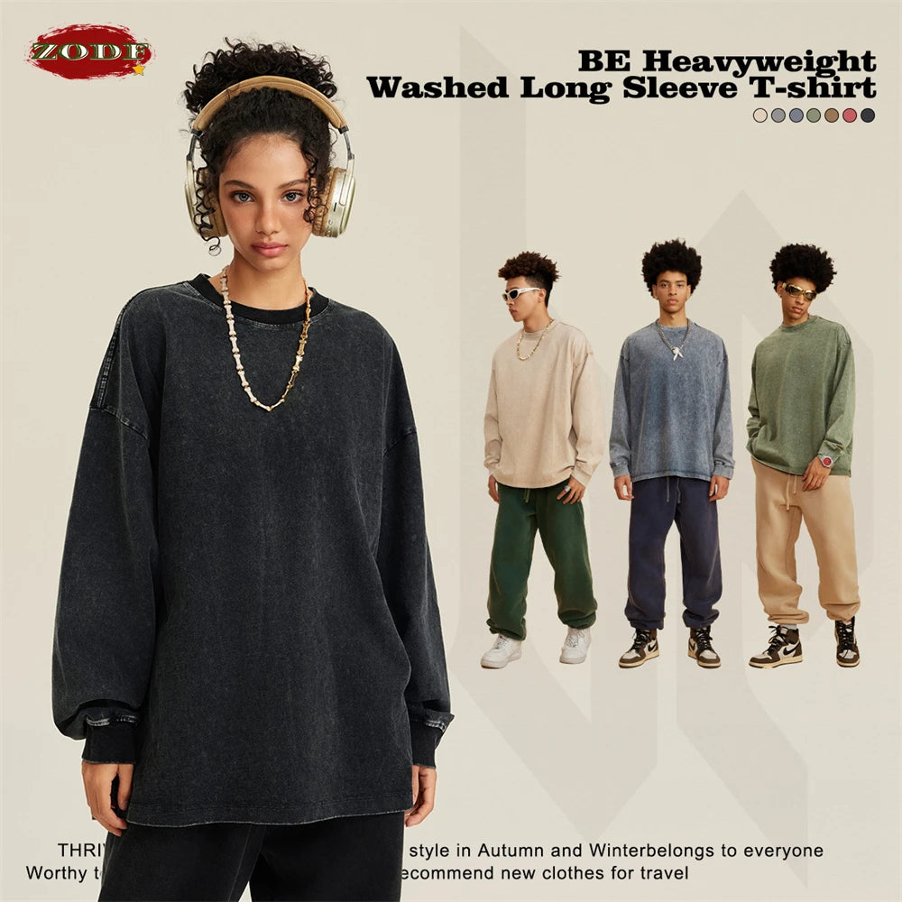 ZODF Retro 2025 Men Autumn Batik Washed T Shirt Unisex Oversized Basic Long Sleeve Solid 270gsm Cotton T-Shirts Tees HY0641