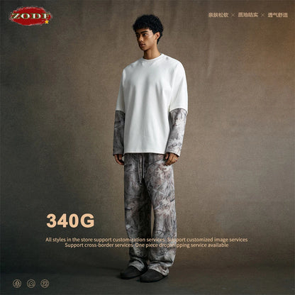 ZODF New Autumn Man Heat Transfer Printing T-Shirt Unisex Oversized 340gsm Fake 2-Piece Long Sleeve T Shirts Brand Tops HY1113