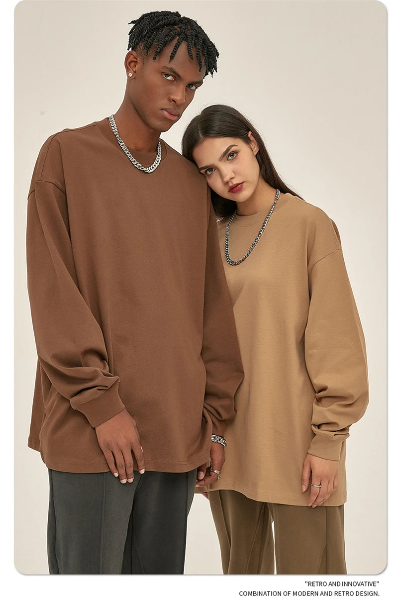 ZODF New 2025 Autumn Men 305gsm 100% Cotton T Shirt Unisex Loose Heavy Weight Basic Long Sleeve Solid T-Shirts Tops HY0634