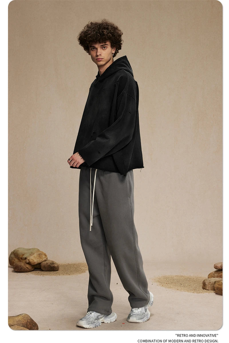 ZODF New Autumn Winter Men Monkey Washed Hoodies Unisex Disstressed Ripped Heavyweight Knitted 450gsm Hooded Pullovers HY0909