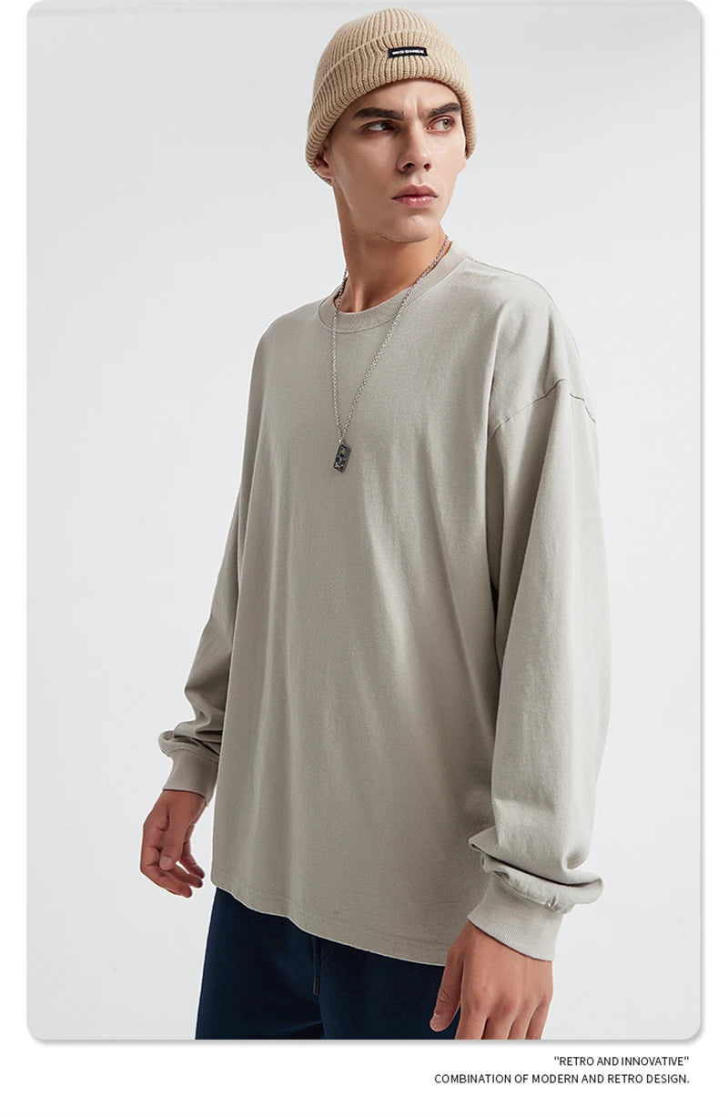 ZODF Retro Autumn Full Sleeve Washed 100% Cotton T-Shirts For Men Unisex Solid Casual Loose 310gsm Tee Brand Tops HY0405