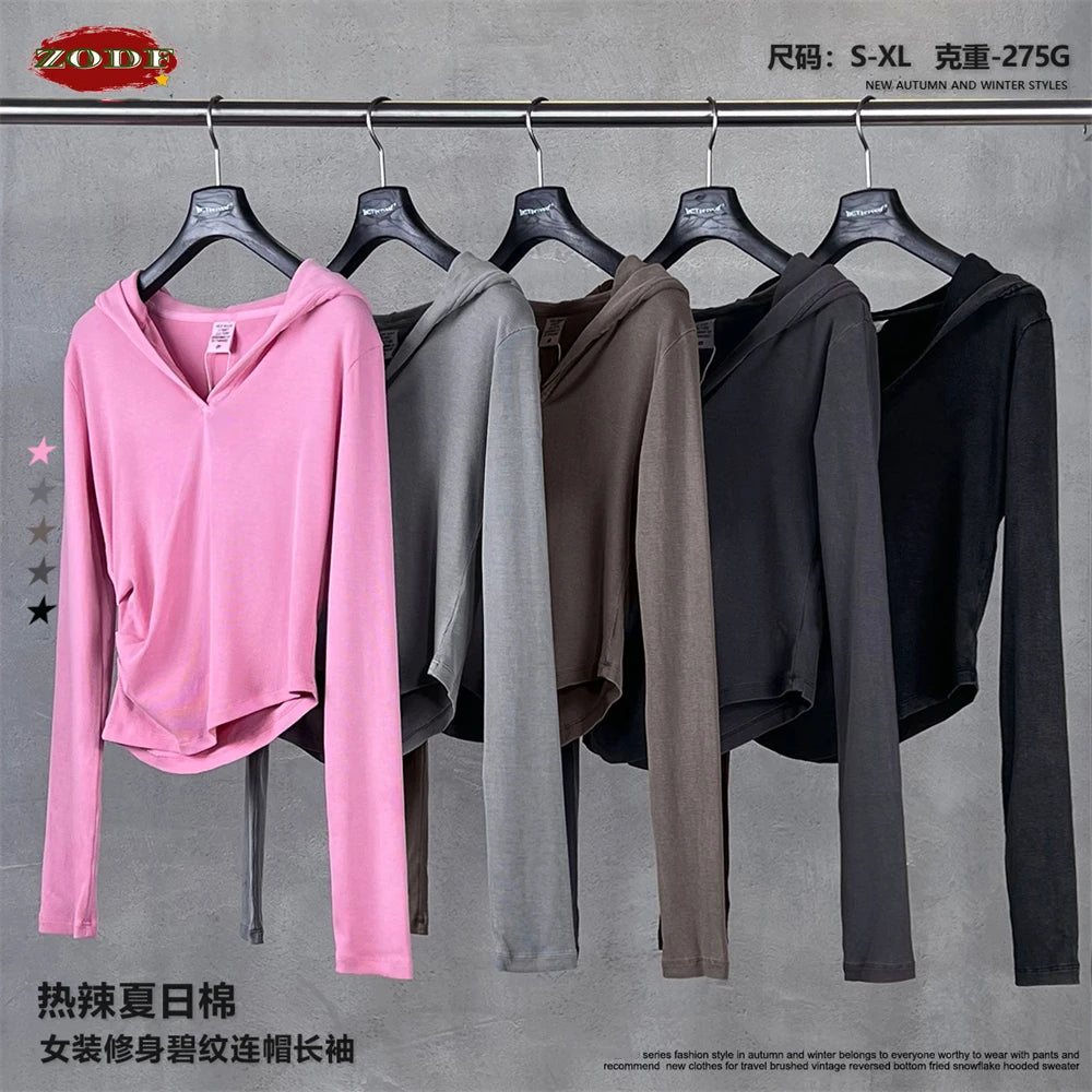 ZODF Sexy Women Autumn Washed 275gsm Hooded T Shirt Ladies Girls Slim Fit Distressed Side Pleated T-Shirts Tees HY1149