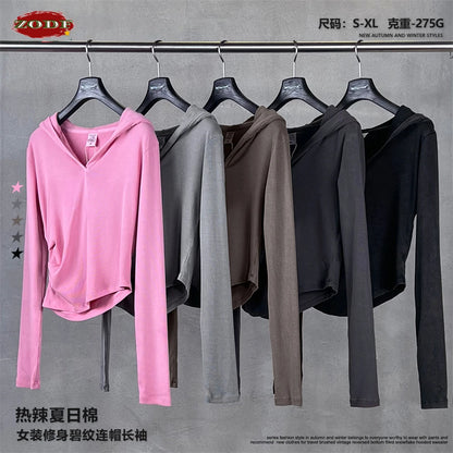 ZODF Sexy Women Autumn Washed 275gsm Hooded T Shirt Ladies Girls Slim Fit Distressed Side Pleated T-Shirts Tees HY1149